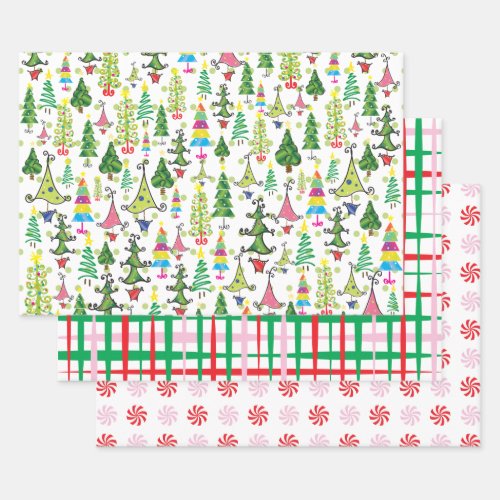 Retro Christmas Trees Candy Pink Red Green Pattern Wrapping Paper Sheets