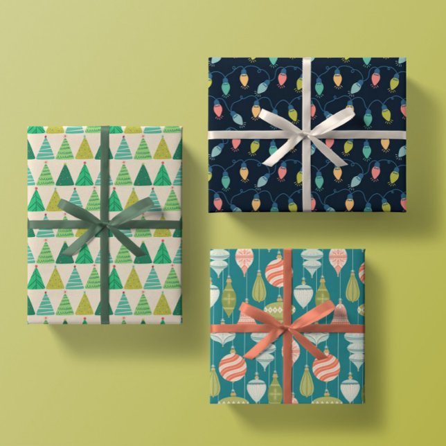 Retro Christmas Trees, Holiday Lights, Ornaments Wrapping Paper Sheets (Creator Uploaded)