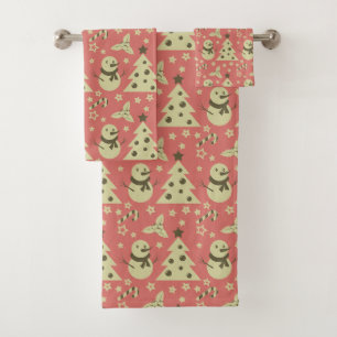Retro Christmas trees holly berry star candy cane  Bath Towel Set