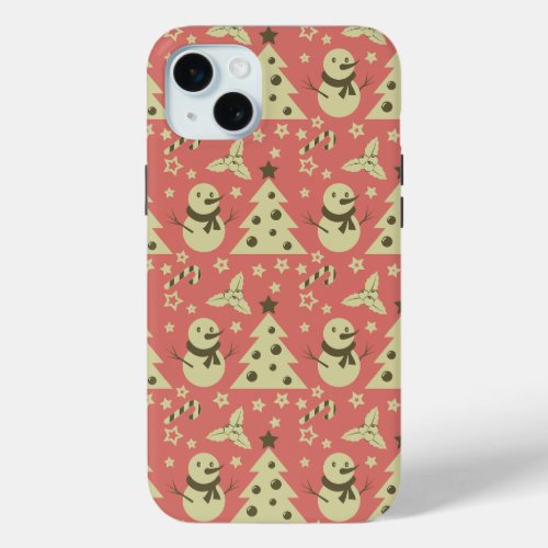 Retro Christmas trees holly berry star candy cane  iPhone 15 Plus Case