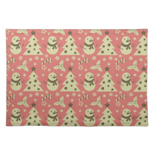 Retro Christmas trees holly berry star candy cane Cloth Placemat