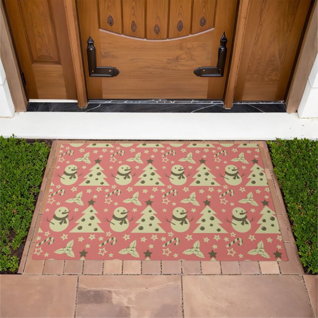 Retro Christmas trees holly berry star candy cane  Doormat (Outdoor)