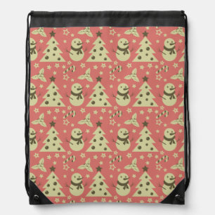 Retro Christmas trees holly berry star candy cane Drawstring Bag