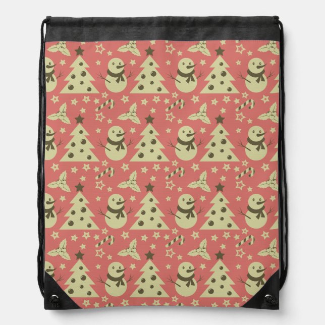 Retro Christmas trees holly berry star candy cane  Drawstring Bag (Front)