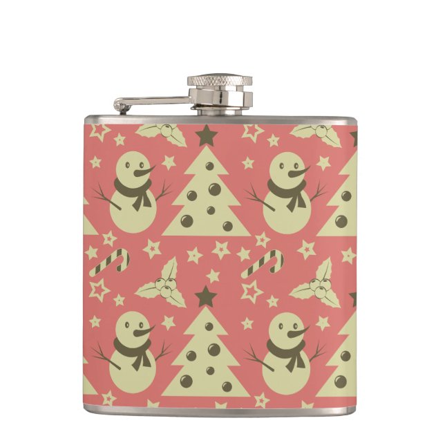 Retro Christmas trees holly berry star candy cane  Flask (Front)