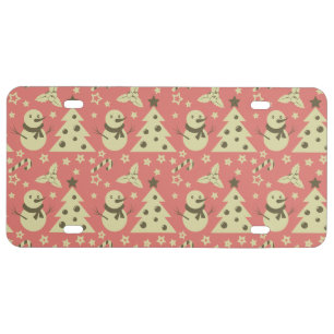 Retro Christmas trees holly berry star candy cane  License Plate