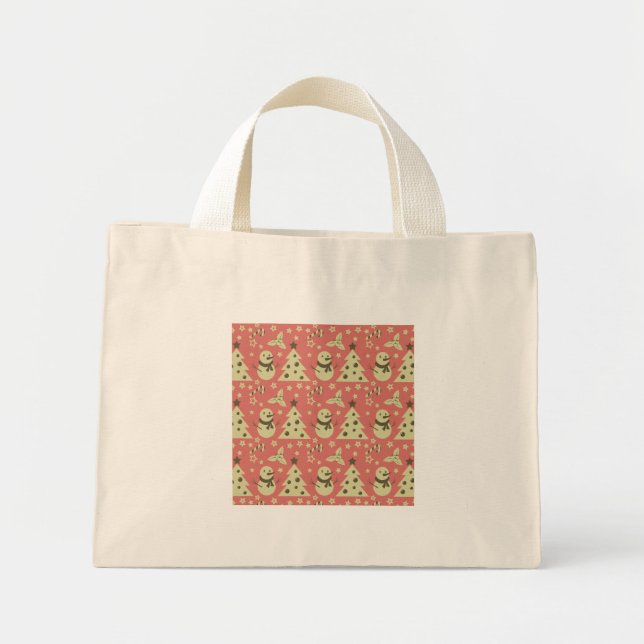 Retro Christmas trees holly berry star candy cane  Mini Tote Bag (Front)
