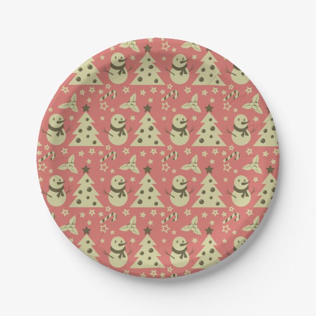Retro Christmas trees holly berry star candy cane  Paper Plates (Front)
