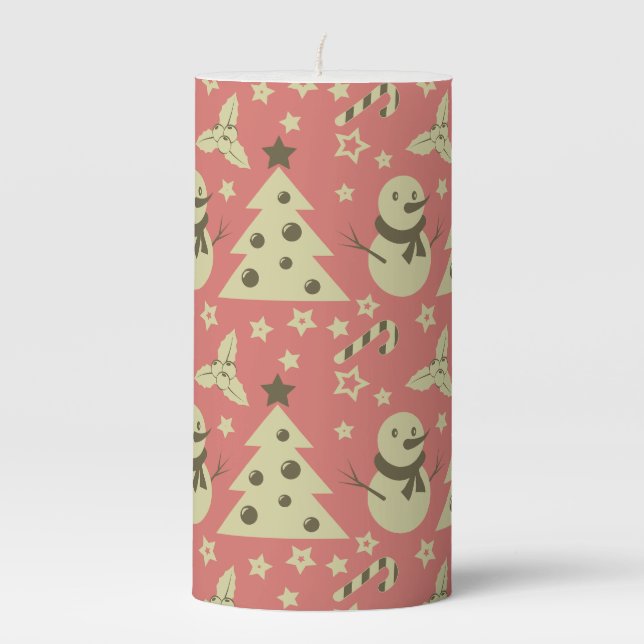 Retro Christmas trees holly berry star candy cane  Pillar Candle (Front)