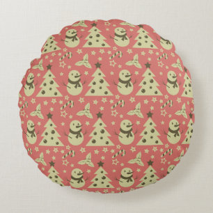 Retro Christmas trees holly berry star candy cane Round Pillow