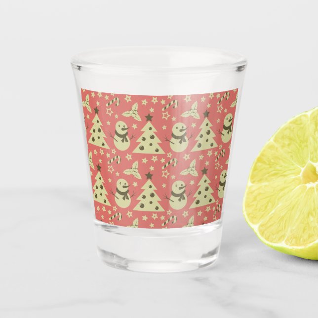Retro Christmas trees holly berry star candy cane  Shot Glass (Front)