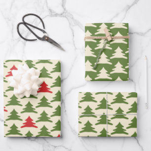 Retro Christmas Trees in Olive Green Red Cream Wrapping Paper Sheets