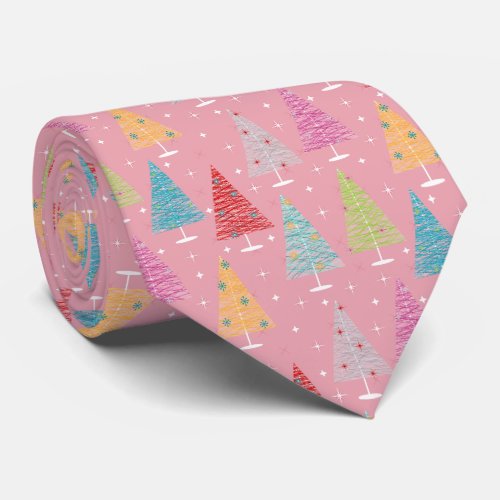 Retro Christmas Trees Pink Christmas Neck Tie