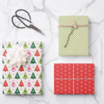 Retro Christmas Trees Wrapping Paper Sheets<br><div class="desc">A retro-style mid-century modern Christmas tree pattern with with triangles,  stars,  snowflakes and diagonal stripes. Colors include; red,  green,  pink and white.</div>