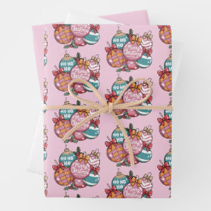 Retro Christmas Trendy Vintage Ho Ho Ho Disco Ball Wrapping Paper Sheets