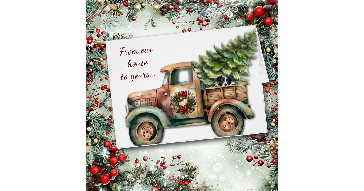 Retro Christmas Truck Border Collie Dog Card | Zazzle