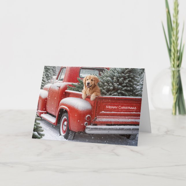 Retro Christmas Truck With Golden Retriever Holiday Card (Front)