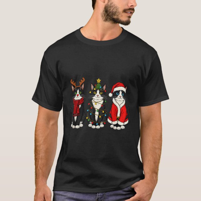 Retro Christmas Tuxedo Cat Santa Reindeer  T-Shirt (Front)