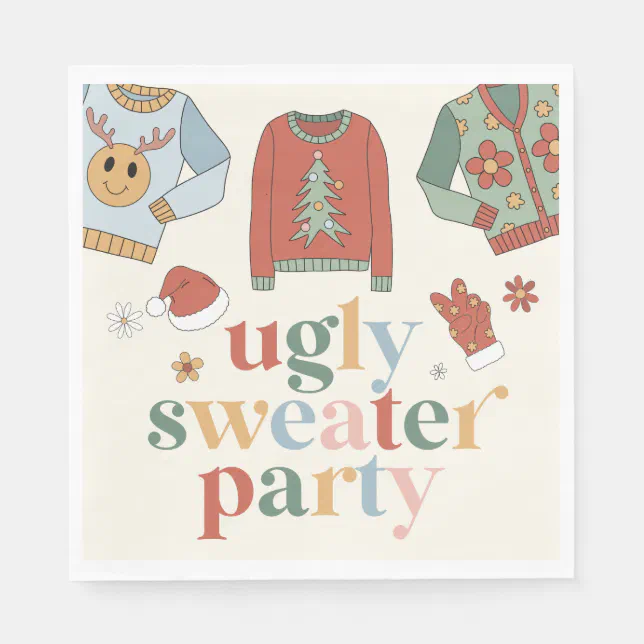 Retro Christmas Ugly Sweater Party Invitation Napkins | Zazzle