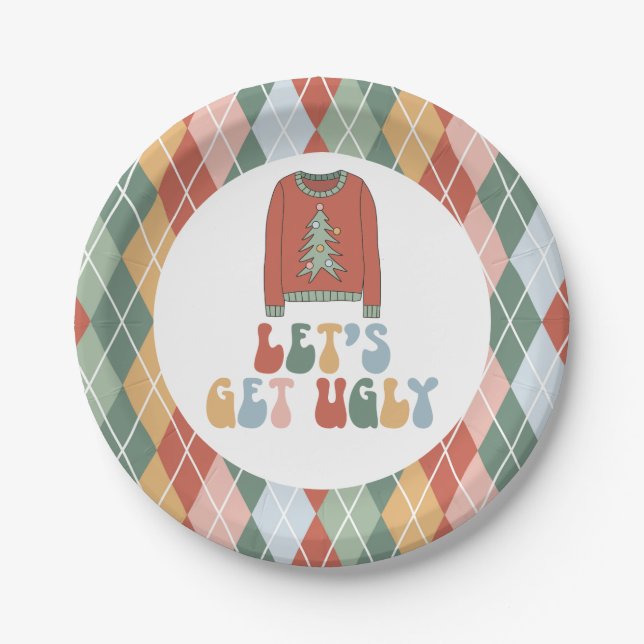 Retro Christmas Ugly Sweater Party Paper Plates (Front)