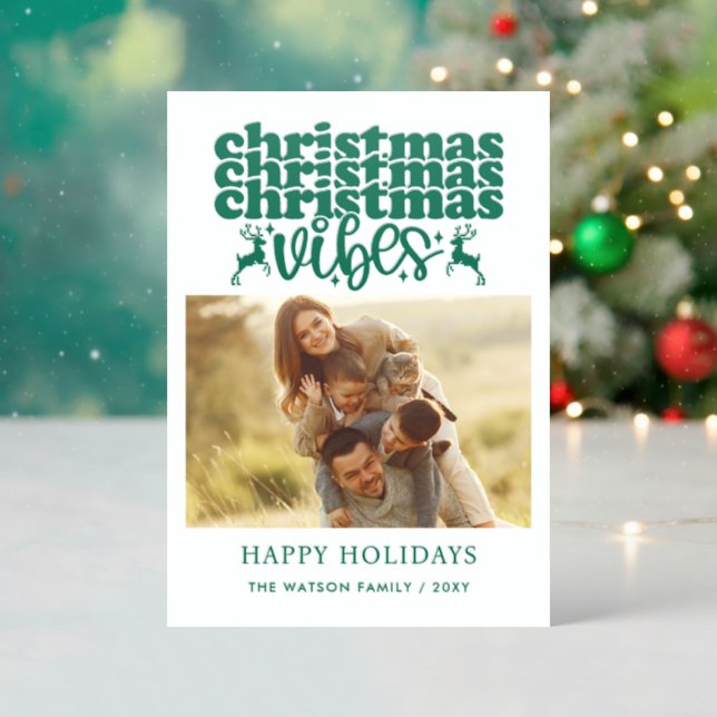 Retro Christmas Vibes Christmas Holidays Photo Letterpress Photo Cards (Front (Into))