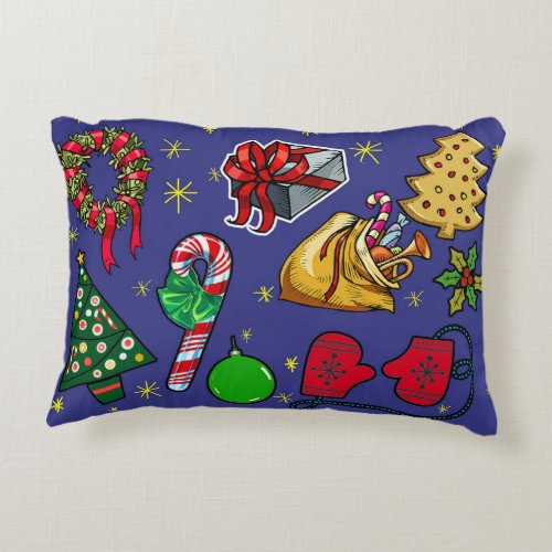 Retro Christmas Vintage Colorful Blue Red Green Accent Pillow