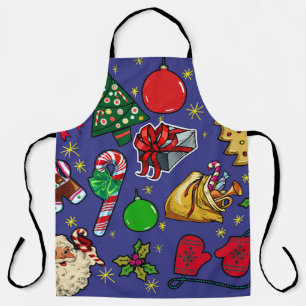 Retro Christmas Vintage Colorful Blue Red Green Apron