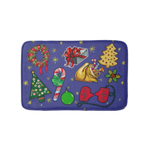 Retro Christmas Vintage Colorful Blue Red Green Bath Mat