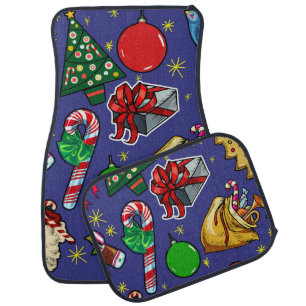 Retro Christmas Vintage Colorful Blue Red Green Car Floor Mat
