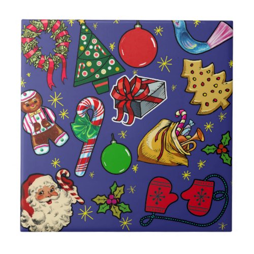 Retro Christmas Vintage Colorful Blue Red Green Ceramic Tile