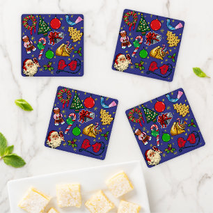 Retro Christmas Vintage Colorful Blue Red Green Coaster Set