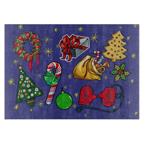 Retro Christmas Vintage Colorful Blue Red Green Cutting Board