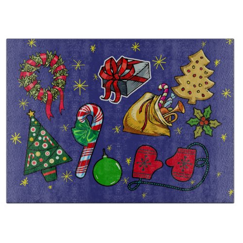 Retro Christmas Vintage Colorful Blue Red Green Cutting Board