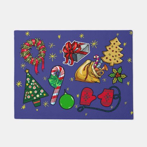 Retro Christmas Vintage Colorful Blue Red Green Doormat