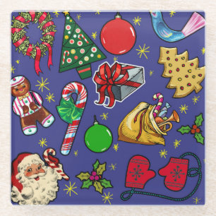 Retro Christmas Vintage Colorful Blue Red Green Glass Coaster