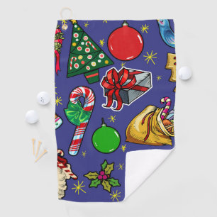 Retro Christmas Vintage Colorful Blue Red Green Golf Towel