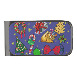 Retro Christmas Vintage Colorful Blue Red Green Gunmetal Finish Money Clip