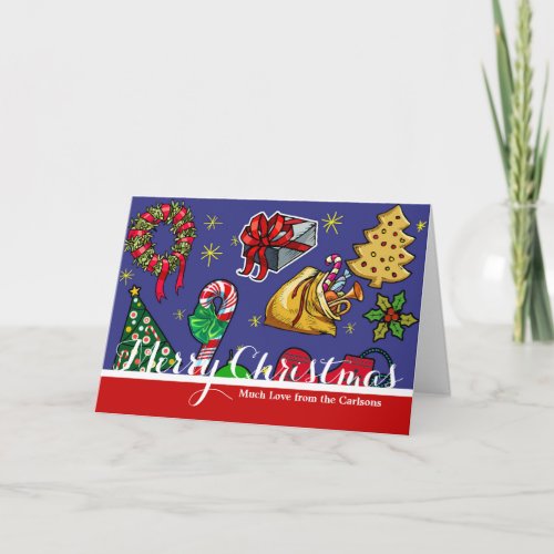 Retro Christmas Vintage Colorful Blue Red Green Holiday Card