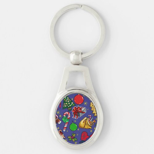 Retro Christmas Vintage Colorful Blue Red Green Keychain