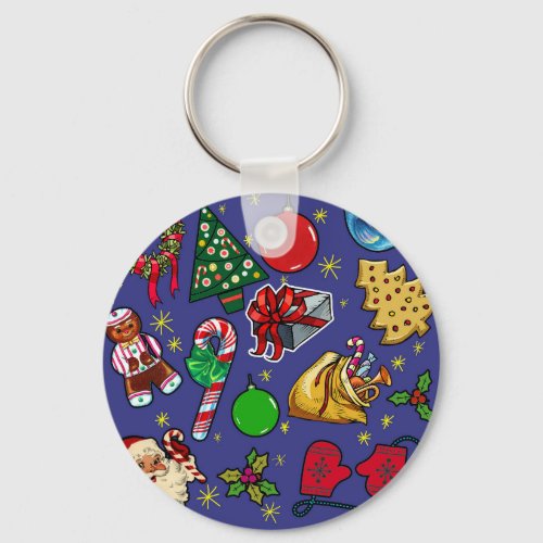 Retro Christmas Vintage Colorful Blue Red Green Keychain