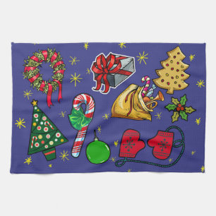 Retro Christmas Vintage Colorful Blue Red Green Kitchen Towel