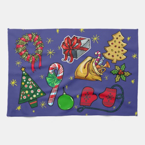 Retro Christmas Vintage Colorful Blue Red Green Kitchen Towel