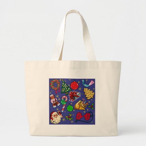 Retro Christmas Vintage Colorful Blue Red Green Large Tote Bag