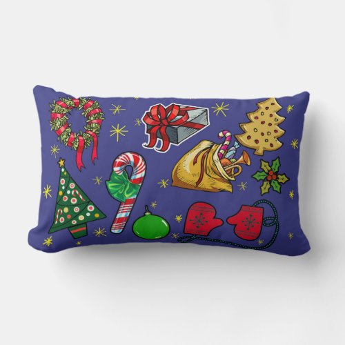 Retro Christmas Vintage Colorful Blue Red Green Lumbar Pillow