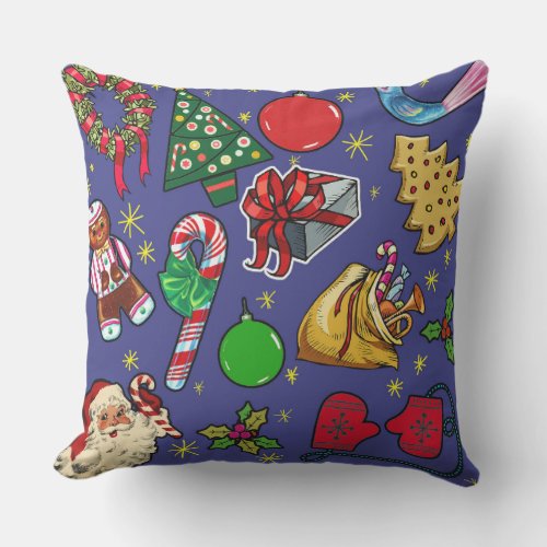 Retro Christmas Vintage Colorful Blue Red Green Outdoor Pillow