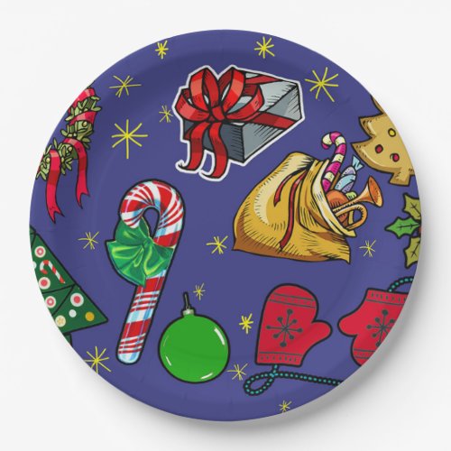 Retro Christmas Vintage Colorful Blue Red Green Paper Plates
