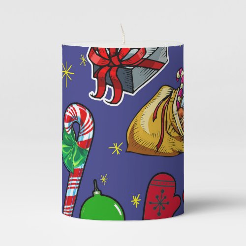Retro Christmas Vintage Colorful Blue Red Green Pillar Candle