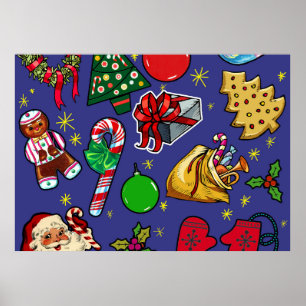 Retro Christmas Vintage Colorful Blue Red Green Poster