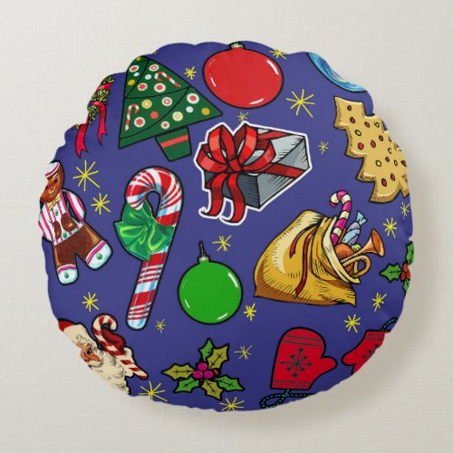 Retro Christmas Vintage Colorful Blue Red Green Round Pillow