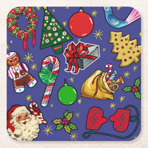 Retro Christmas Vintage Colorful Blue Red Green Square Paper Coaster